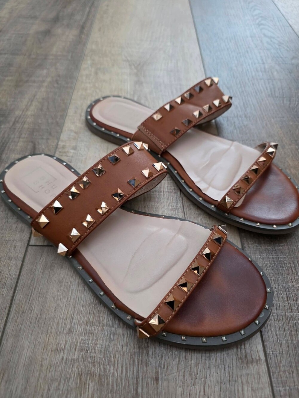 Shu Shop Size 7.5 Stud-Embellished Brown Leather Slide Sandals